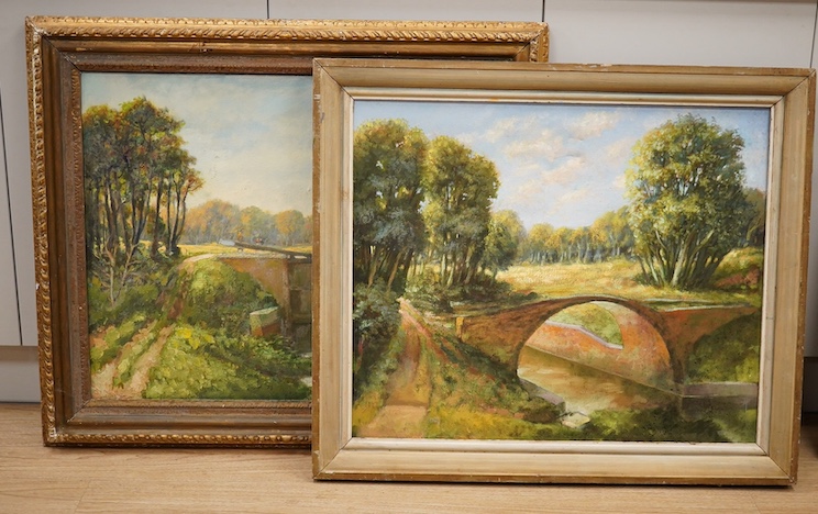 Wyndham Edwin George Giles, two large oils on canvas, Loch scene and bridge over water, one signed and dated ‘95, 62 x 75cm. Condition - fair to good